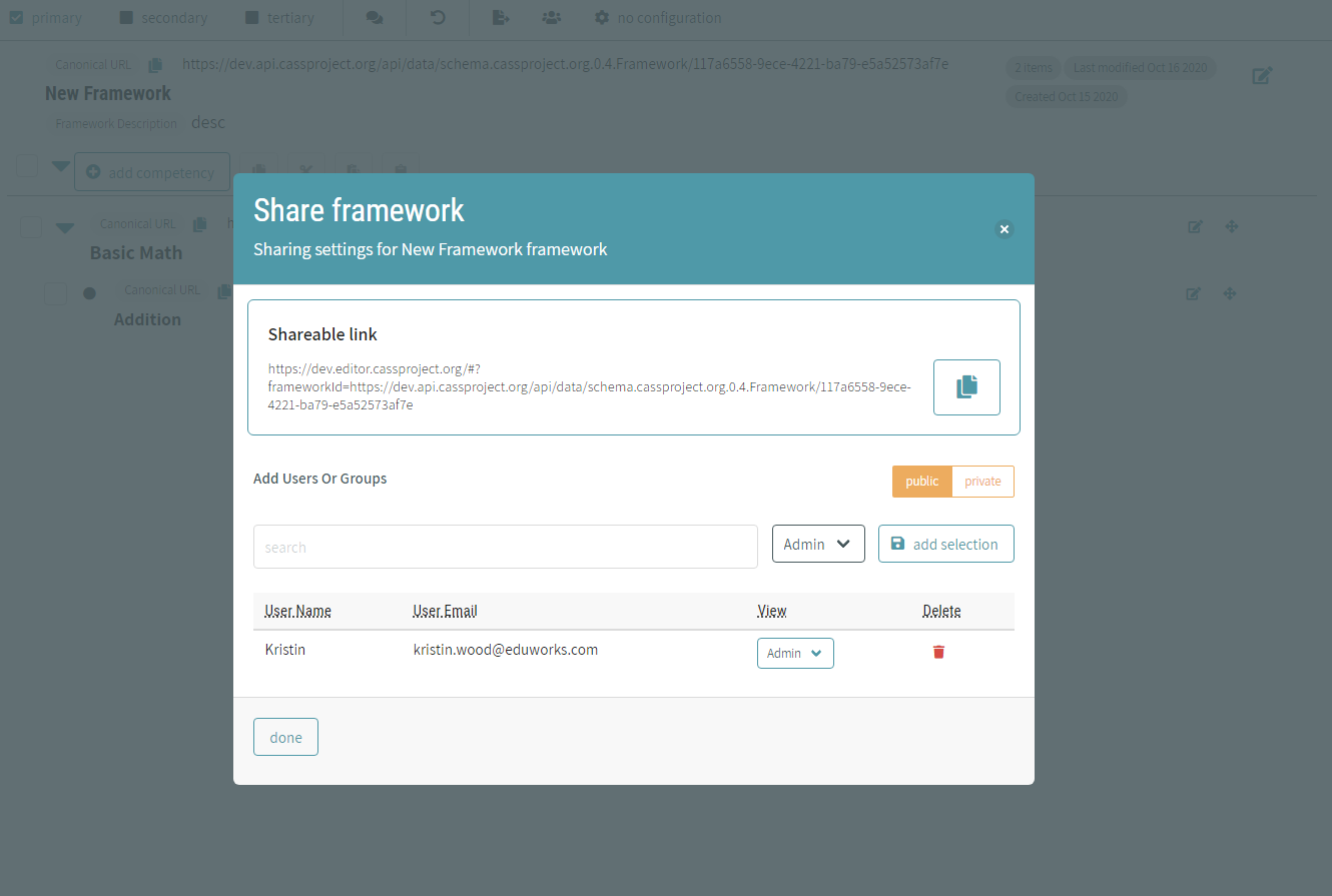 CAT Competency Framework Management - Share Framework and Manage Users